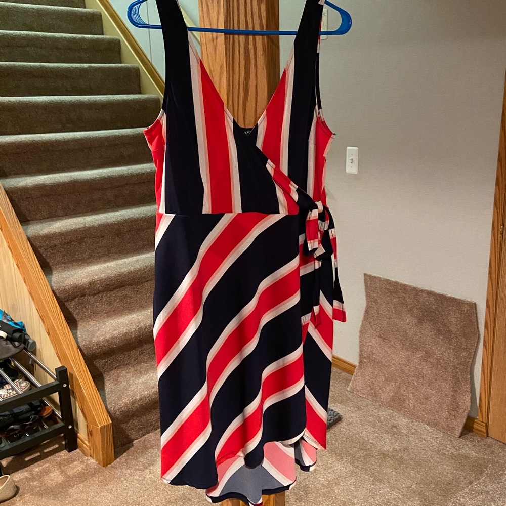 Express Navy, Red & White Striped Midi Wrap Dress